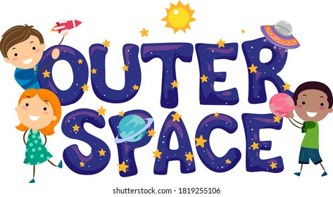 Illustration of Stickman Kids with Outer Space Lettering