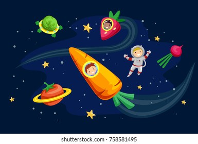 Illustration of Stickman Kids in Outer Space with Vegetables