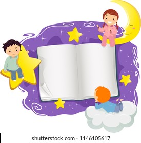 Illustration of Stickman Kids in Pajama with the Stars, Clouds, Moon and an Open Book