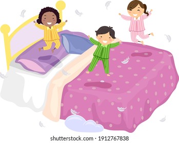 Illustration of Stickman Kids in Pajamas Jumping on a Big Bed with Feathers Floating Around