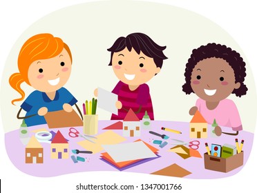 Illustration of Stickman Kids with Paper, Glue and Scissors Making Cardboard Houses