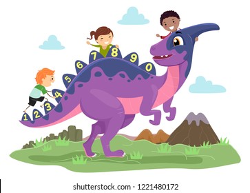 Illustration of Stickman Kids Up a Parasaurolophus with Numbers on Its Back