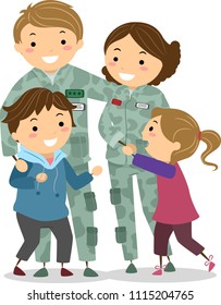 Illustration of Stickman Kids with Parents in the Military