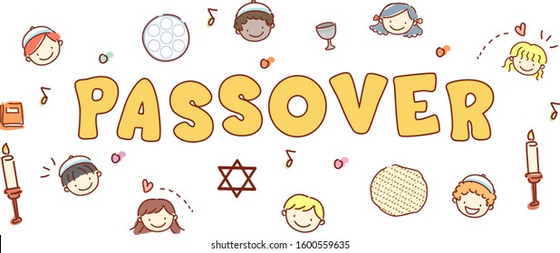 Illustration of Stickman Kids with Passover Text and Elements