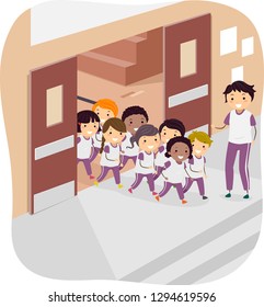 Illustration Of Stickman Kids In PE Uniform Going Out Of The Gym With Teacher