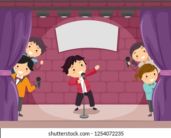 Illustration Of Stickman Kids Performing Comedy Play On Stage With Spotlight
