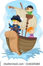 Illustration of Stickman Kids Pirates on a Ship Exploring the Seas