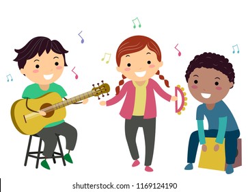 Illustration of Stickman Kids Playing Acoustic Guitar, Tambourine and a Cajon Musical Instruments