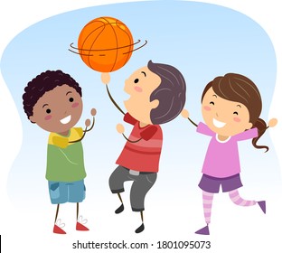 Illustration of Stickman Kids Playing Basketball with One Kid Boy Spinning It