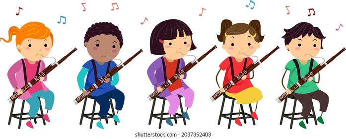 Illustration of Stickman Kids Playing the Bassoon Musical Instrument in a Music Class