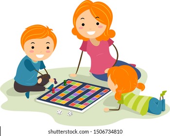 Illustration of Stickman Kids Playing a Board Game with their Mother