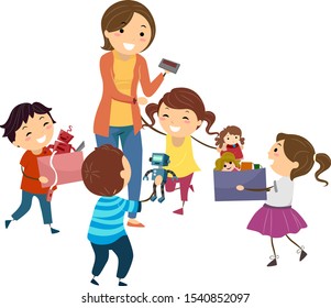 Illustration of Stickman Kids Playing a Cleaning Game with Teacher Holding a Timer