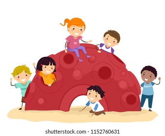 Illustration of Stickman Kids Playing in a Cozy Red Dome in the Playground