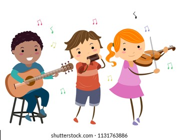 Illustration Of Stickman Kids Playing Different Instruments Like Guitar, Harmonica And Violin To Play Country Music