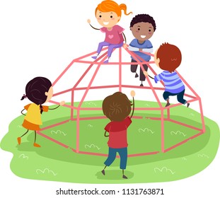 Illustration of Stickman Kids Playing at a Dome Climber in the Playground