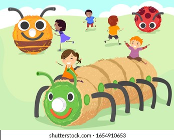 Illustration of Stickman Kids Playing in a Farm Themed Playground with Caterpillar, Bee and Beetle Haystack Art