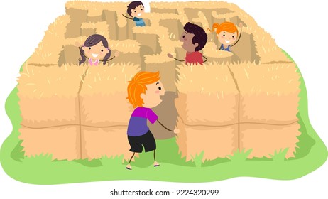 Illustration Of Stickman Kids Playing In The Farm With Haystack Formed As Maze