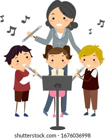 Illustration of Stickman Kids Playing the Flute and Learning From Their Teacher