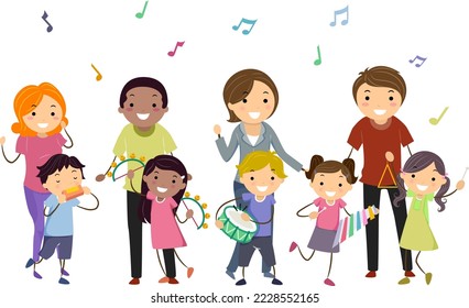 Illustration of Stickman Kids Playing Flute, Tambourine, Drum, Xylophone and Triangle Instruments And Teachers Singing with Floating Musical Notes