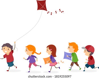 Illustration Of Stickman Kids Playing And Flying Kite