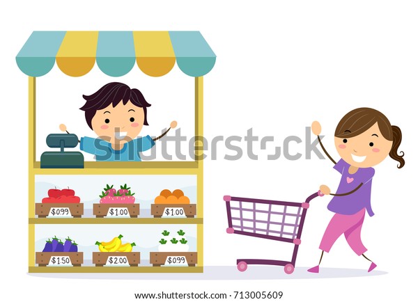 スティックマンの子供がスーパーで遊んでいるイラスト 果物を売る少年にショッピングカートを押す女の子 のベクター画像素材 ロイヤリティフリー