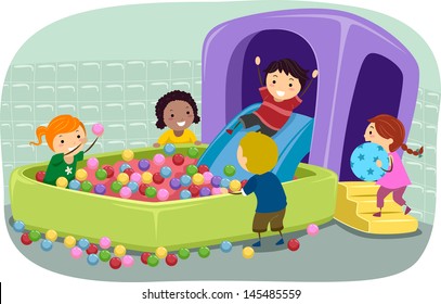 Illustration of Stickman Kids Playing in an Inflatable Ball Pit