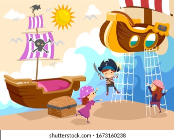 Illustration of Stickman Kids Playing Inside a Pirate Theme Bedroom with Ships, Treasure Chest and Wave