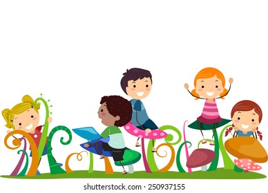 Illustration of Stickman Kids Playing With Mushrooms