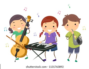 Illustration of Stickman Kids Playing Music Instruments Like Cello, Keyboard and Saxophone