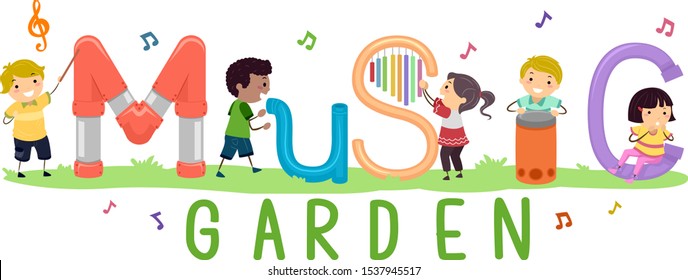 Illustration of Stickman Kids Playing in a Music Garden with Different Features Making Sounds