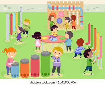 Illustration Of Stickman Kids Playing In A Musical And Sensory Garden With Drums, Tubes And Music Wall