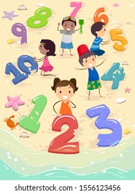 Illustration of Stickman Kids Playing with Numbers by the Beach