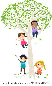 Illustration of Stickman Kids Playing on a Tree with Brain Shape Leaves