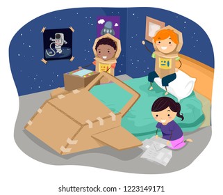 Illustration of Stickman Kids Playing with Outer Space Carton Made Toys in the Bedroom