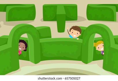 Illustration of Stickman Kids Playing and Peeking from Inside a Garden Maze