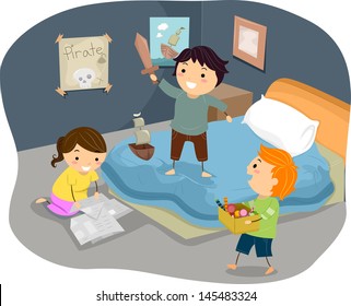 Illustration of Stickman Kids Playing Pirates in Bedroom