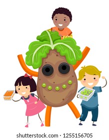Illustration of Stickman Kids Playing with Potatoes, Carrots, Peas and Leafy Greens to Create a Potato Monster