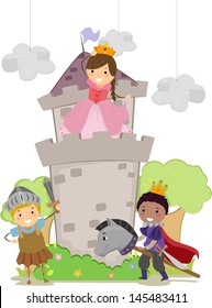 Illustration of Stickman Kids Playing Prince, Princess and Kight in School Play