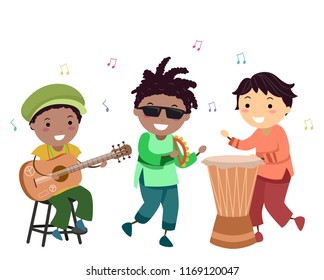 Illustration of Stickman Kids Playing Reggae Music Using Acoustic Guitar, Tambourine and Djembre Drum