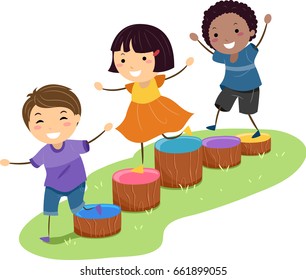 Illustration of Stickman Kids Playing and Running through an Obstacle Course Made from Wooden Blocks
