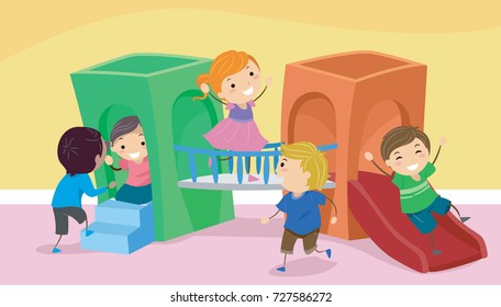 Illustration Of Stickman Kids Playing In A Slide In An Indoor Playground