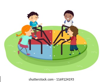 Illustration of Stickman Kids Playing at the Spinning Wheel at the Playground