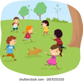 Illustration of Stickman Kids Playing Tag with a Dog Running In the Park