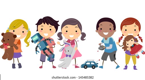 Illustration of Stickman Kids Playing with their Toys