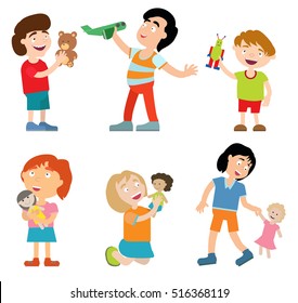 Illustration of Stickman Kids Playing with their Toys. flat Vector illustration. Isolated on a white background.