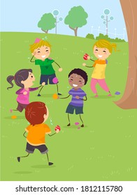 Illustration Of Stickman Kids Playing Water Balloon Fight,  Outdoor Activity