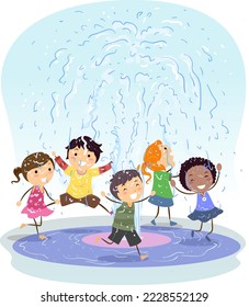 Illustration of Stickman Kids Playing In Water Splash Pad Outdoor