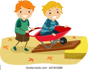 Illustration of Stickman Kids Playing with a Wheel Barrow Going up on an Inclined Plane