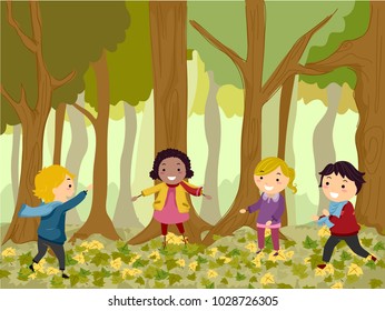 Illustration of Stickman Kids Playing in the Woods