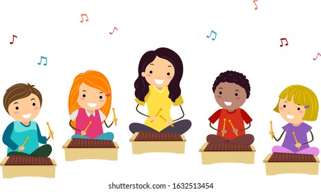 Illustration of Stickman Kids Playing the Xylophone with their Teacher